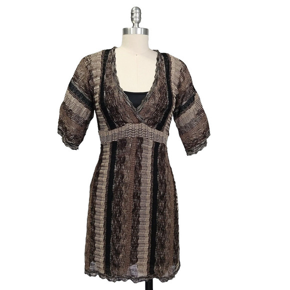 Vintage Y2K Knit Sweater Dress Size S Striped Metallic INC V Neck Brown Black - Picture 1 of 6